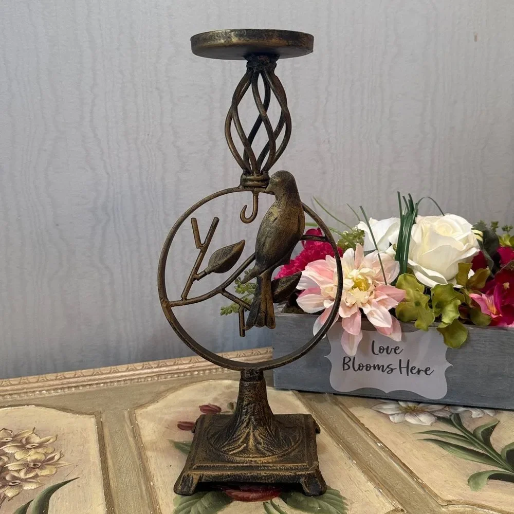 Bird & Leaf Design Brass Tone Finish Metal Candle Holder